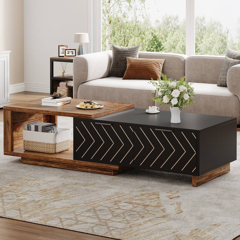 Extendable Coffee Table with 2-drawer and Wood Sliding Tabletop for Living Room