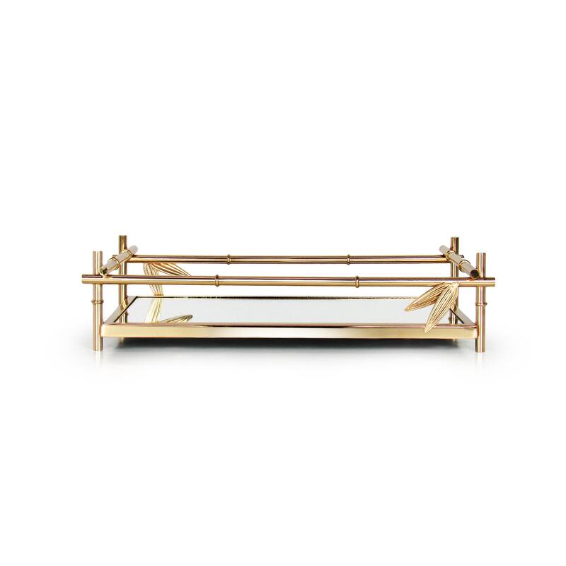 Gold Bamboo Style Rectangle Metal Mirror Decorative Tray Serving Platter - 12" L x 7.25" W x 3" H - Gold