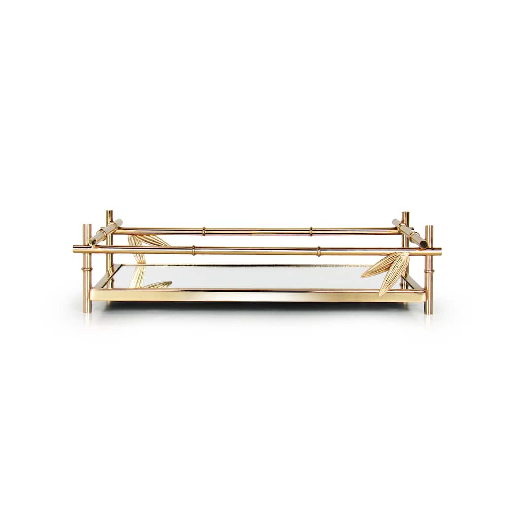 Gold Bamboo Style Rectangle Metal Mirror Decorative Tray Serving Platter
