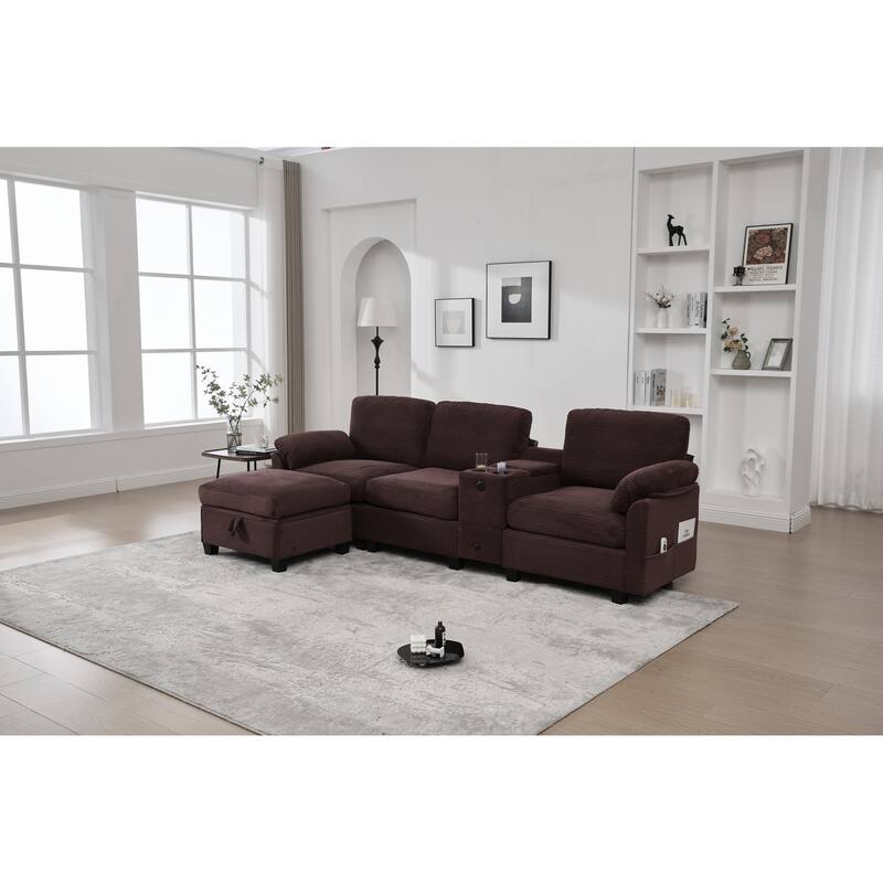 HOMEFUN Corduroy Upholstered L-Shaped 4-seater Storage Multifunctional Sectional Sofa with Storage Ottoman,Cup Holder and USB - Dark Red