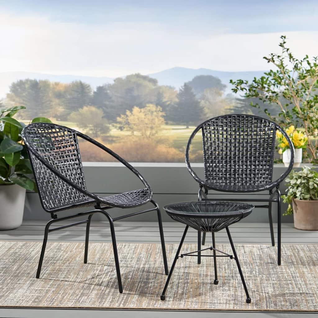 Roomfitters 3 Piece Outdoor PE Wicker Patio Chat Set with Club Chairs and Table, Modern Black