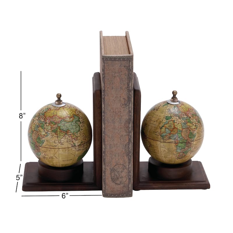 Wood World Map Globe Bookends - Set of 2 Brown - Roche River Decor - 5"W x 6"L x 8"H