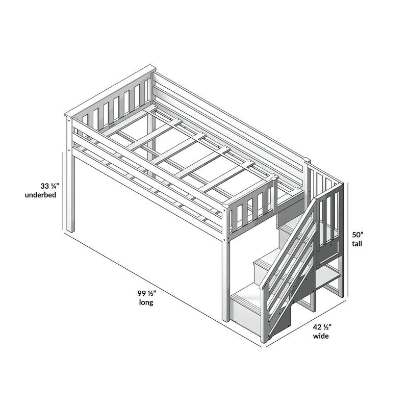Max and Lily Twin Low Loft with Stairs and Curtains