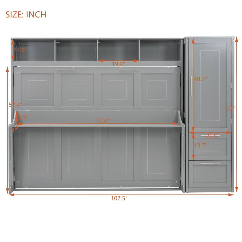 Gray Full Size Murphy Bed with The Built-in top Shelf,Closet and Two Storage Drawers for Bedroom