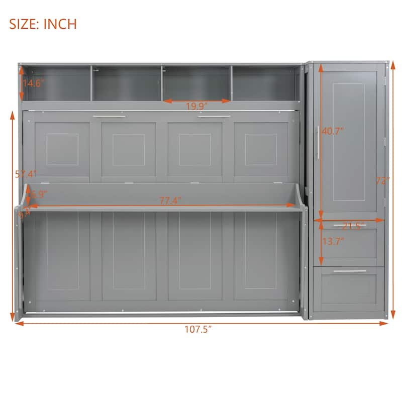 Space Saving Murphy Bed with Integrated Storage, Wood Foldable Wall Platform Bedframe with Closet, Shelves and Drawers