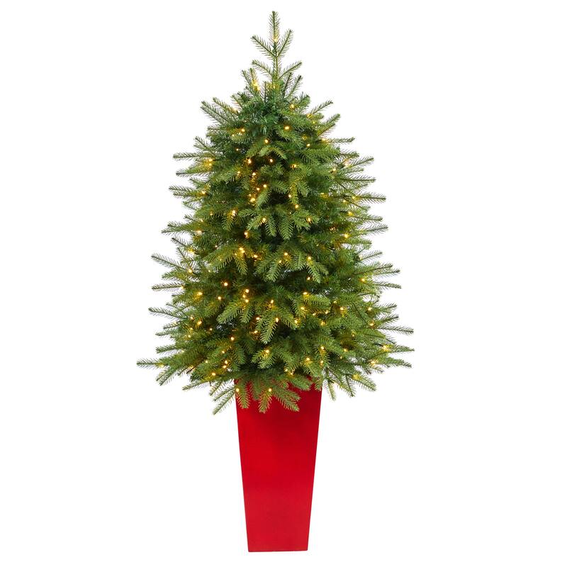 57" Artificial Christmas Tree with 250 LED Lights in Red Tower Planter