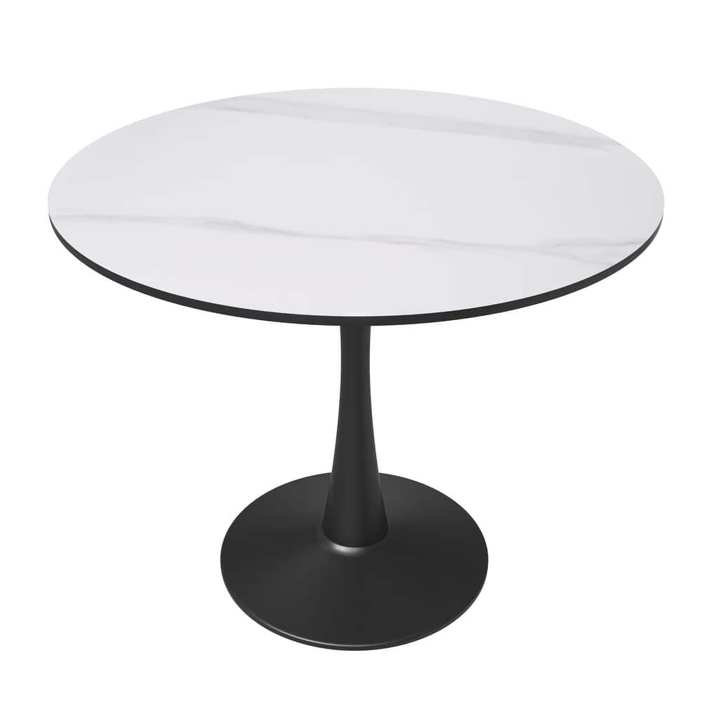 Bristol 32" Round Minimalist Dining Table for 4 with Sintered Stone Top & Black Iron Pedestal Base for Kitchen & Dining Room