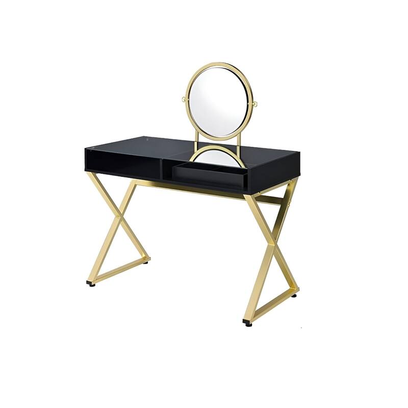 Black Gold Wood Modern Mirrored Dresser with 2 Drawers and Vanity Mirror - 42” L x 19"W x 49" H