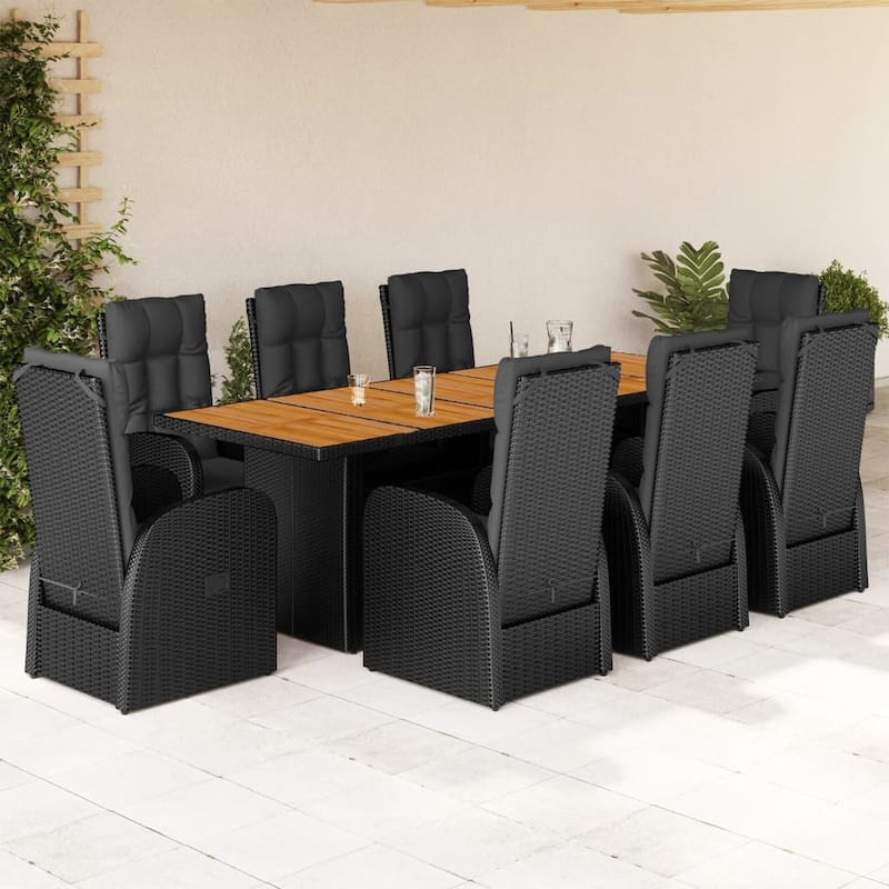 vidaXL Patio Dining Set with Cushions Outdoor Furniture Black Poly Rattan - 35.4 x 94.5 x 29.5 - Black-Chair/ Wood 35.4 x 94.5 x 29.5