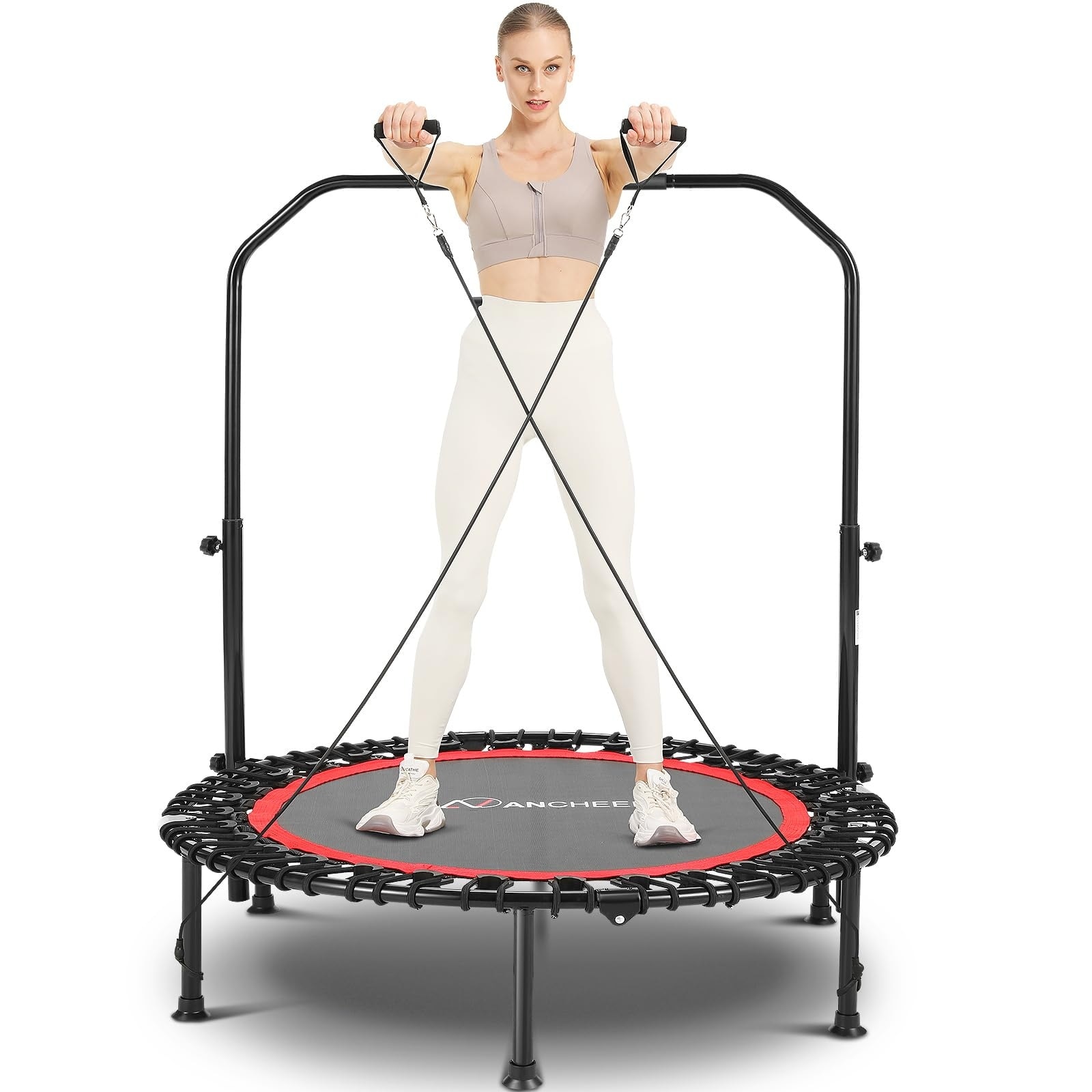 FirstE 48 Bungees Rebounder Trampoline for Adults, 440LBS Fitness  Trampoline Foldable Mini Trampoline,3 Level Adjustable Foam Handle, Stable  & Silent