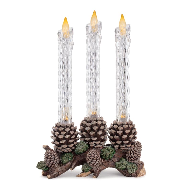Set of Three Clear Flameless Taper Candles In Brown And Green Resin Pinecone Holder