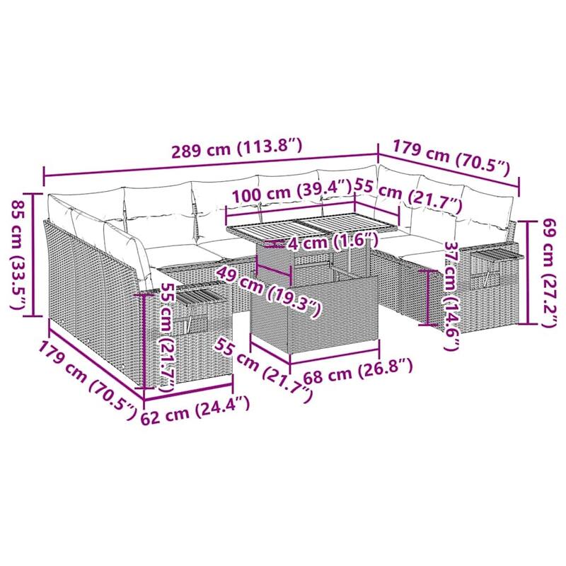 vidaXL Patio Sofa Set with Cushions Table and Sofa Sections 10 Piece Poly Rattan - 21.7 x 39.4 x 28.7