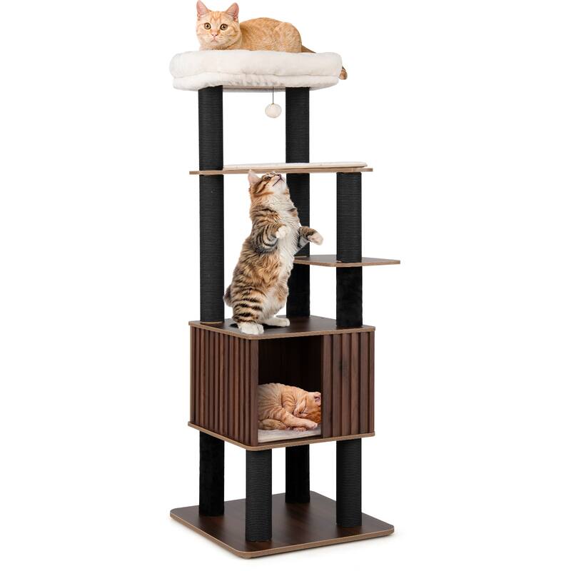 Gymax 64'' Tall Cat Tree for Indoor Cat Wooden Cat Tower Top Perch w/