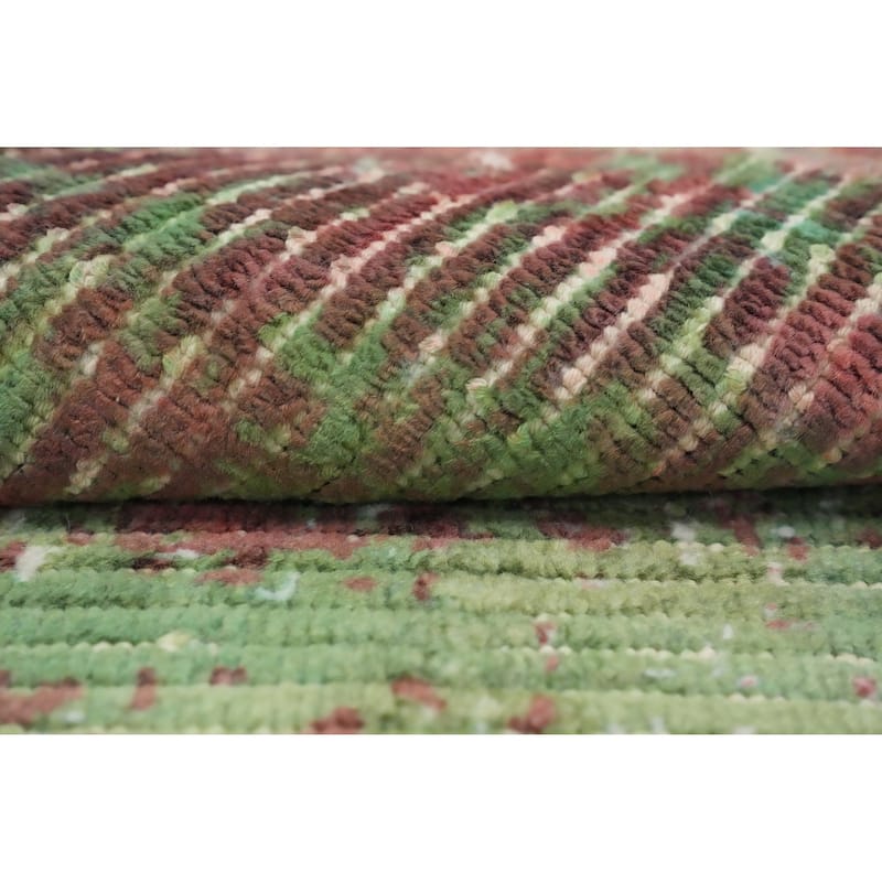 Hand Knotted Oriental Viscose Silk Carpet Modern All-Over Green Abstract Area Rug - 4' 0'' X 2' 0''