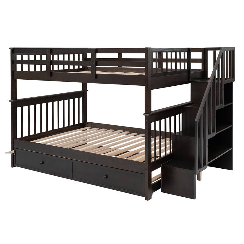 Gray Full-Over-Full Bunk Bed with Twin Trundle, Stairway Storage, Guardrails for Safety, Solid Pine Wood Construction