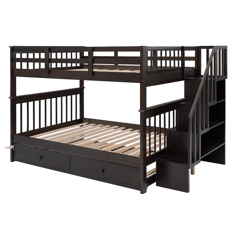 Stairway Bunk Bed with Trundle, Storage and Guard Rail for Bedroom, Dorm