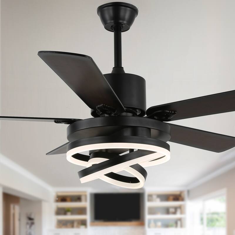 52Inch Modern DIY Shape Reversible Ceiling Fan with LED Light, 6-Speed Ceiling Fan with Remote for Large Room - 52 Inches - Black