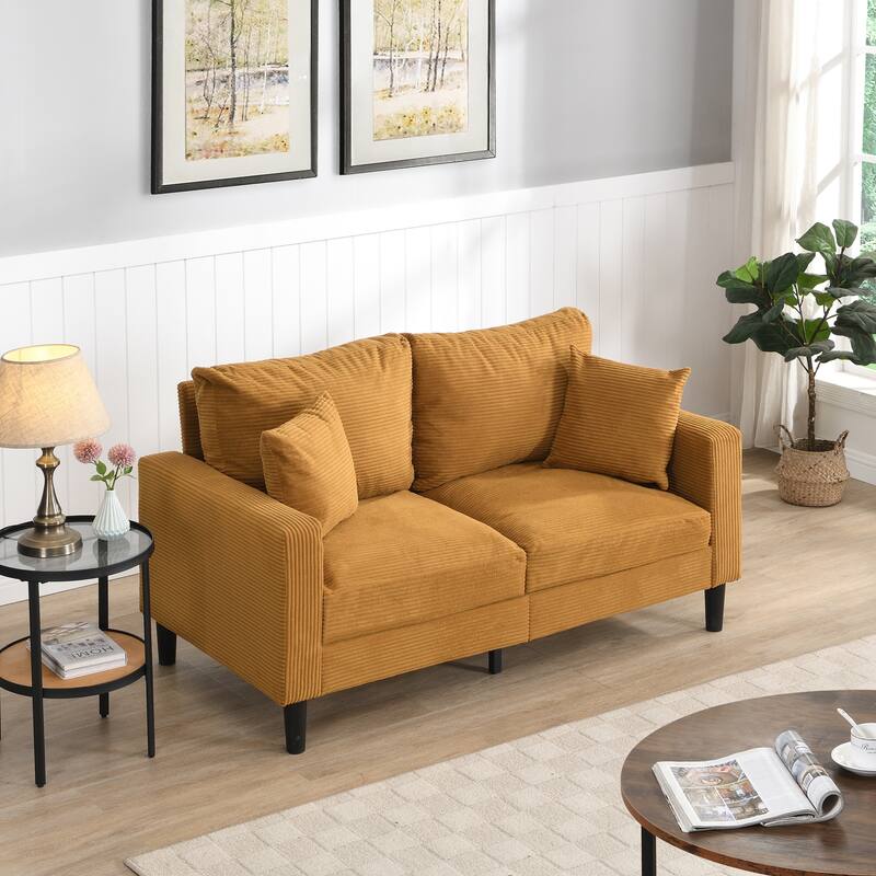 Corduroy Loveseat Sofa with Cushions and 2 Pillows Upholstered Love Seat Tufted Couch for Apartment 2-seat Armchair - Orange