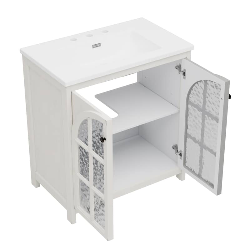 31" Farmhouse Bathroom Vanity with Ceramic Sink, Vintage Rustic Bathroom Cabinet with Bronze Pulls and 2 Soft-Closing Doors