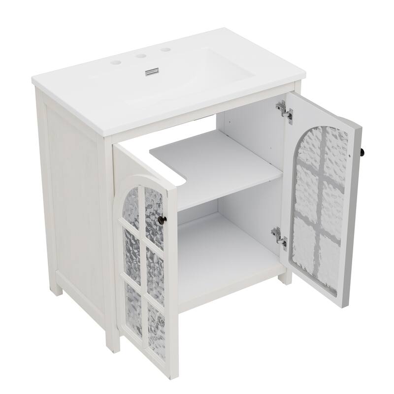 Bathroom Vanity with Sink, Freestanding Wood Bathroom Cabinet, Storage Cabinet with Tempered Glass Doors & Adjustable Shelves
