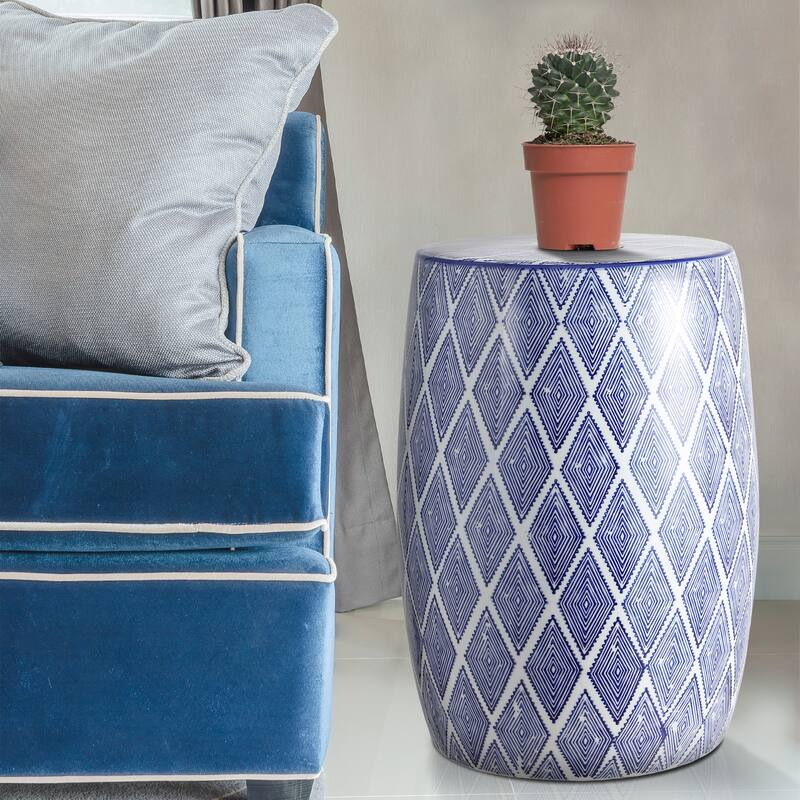 Moroccan Diamonds 18" Ceramic Drum Garden Stool, Blue by JONATHAN Y