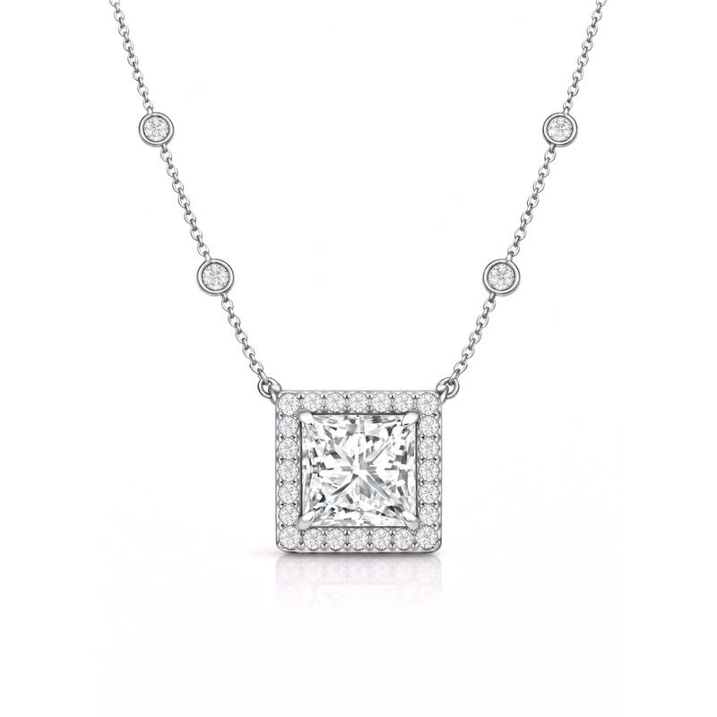 Auriya 14K Gold Lab Grown Princess Diamond Halo Pendant with Bezel Necklace 1.00 to 5.00 ct. tw. (F-G VS) - White - 6.56ct. tw.