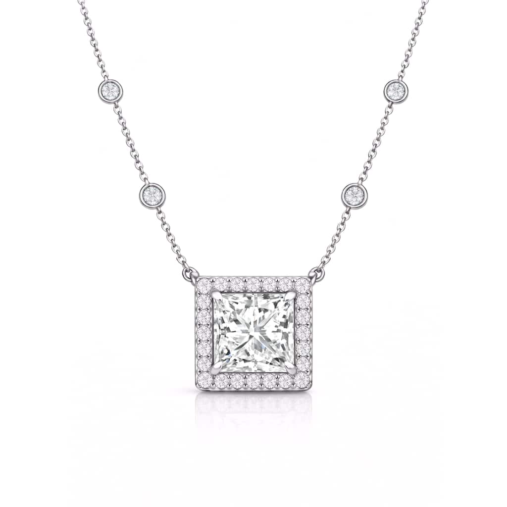 Auriya 14K Gold Lab Grown Princess Diamond Halo Pendant with Bezel Necklace 1.00 to 5.00 ct. tw. (F-G VS)