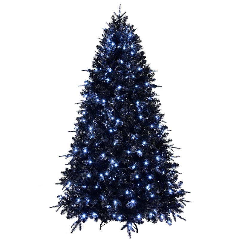 7.5ft Black Christmas Tree with 500 White LED Lights, 2156 Tips PE+PVC Artificial Tree for Halloween&Holiday Decor
