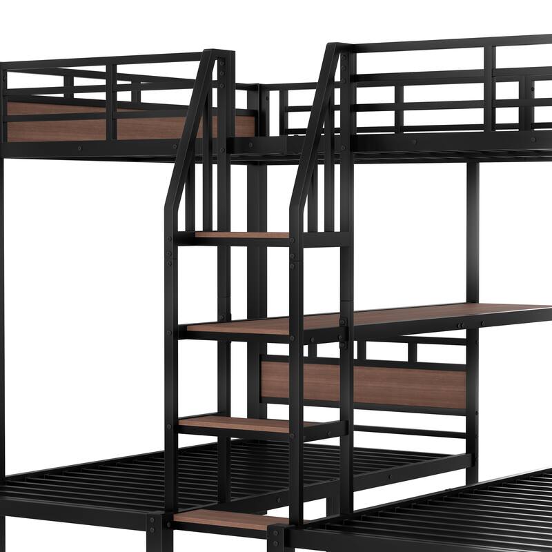 Triple Metal Bunk Bed with Storage Shelves and Stairs, Queen/Twin/Twin, Black