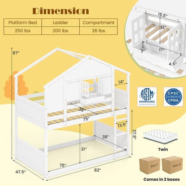 White House Shape Twin Over Twin Bunk Bed for Kids with Roof and Lockable Window
