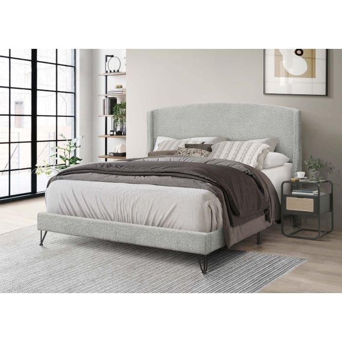 Boucle Upholstered Platform Bed with Wing Back Headboard, Light Gray