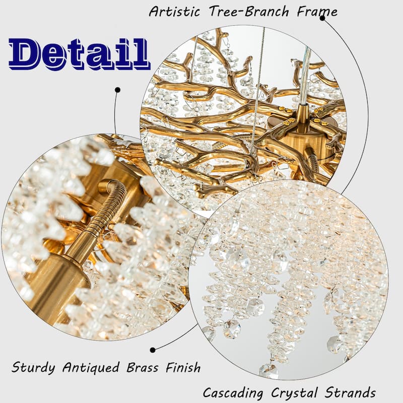 Modern Glam Crystal Chandelier Antique Brass/Polished Nickel Branch Style Pendant Ceiling Light for Dining Room Bedroom