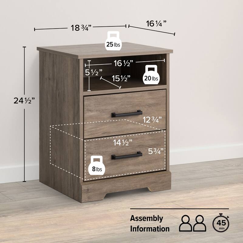 Prepac Rustic Ridge Farmhouse Nightstand Bedside Table, Nightstand for Bedroom, End Table with 2 Drawers and Open Shelf