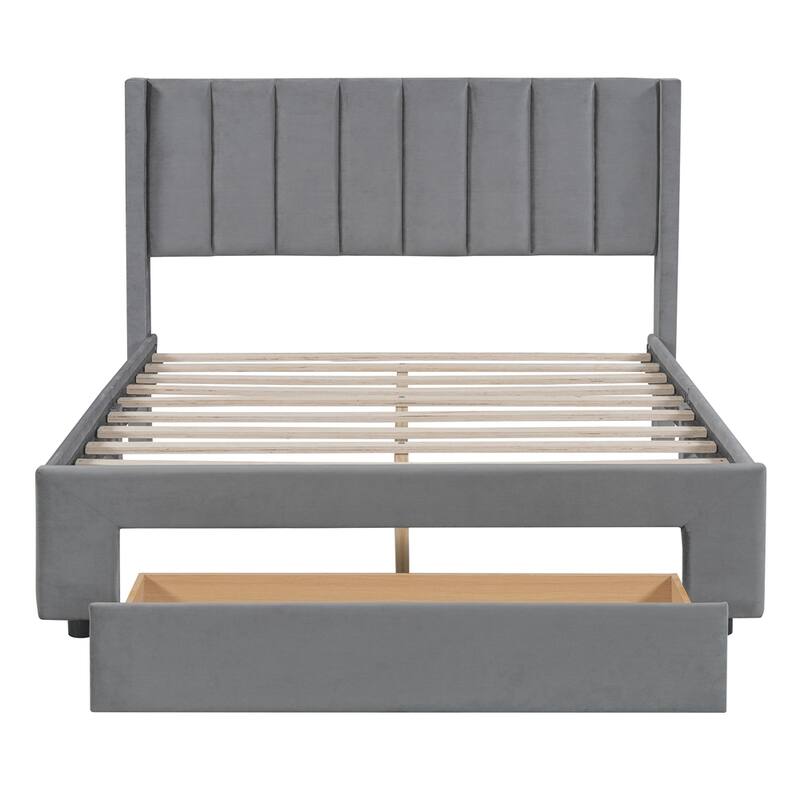 Velvet Upholstered Storage Platform Bed with a Drawer