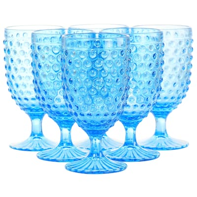 Martha Stewart 6Pc 14.2oz Glass Hobnail Goblet Drinkware Set Blue - 3.5x3.5x6.75