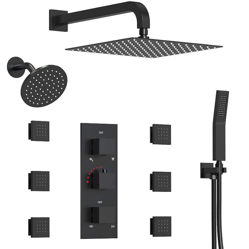 4-Functions Thermostatic Shower System, Wall Mount Shower Faucet Set 12" & 6" Dual Shower Head with 6 Body Jets - Matte Black