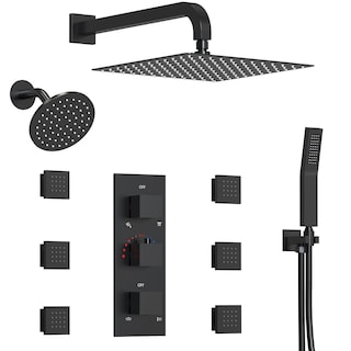 Thermostatic  4-Functions Dual Shower Head 12" & 6" Rainfall Wall Mounted Shower System Faucet Set with 6 Body Jets