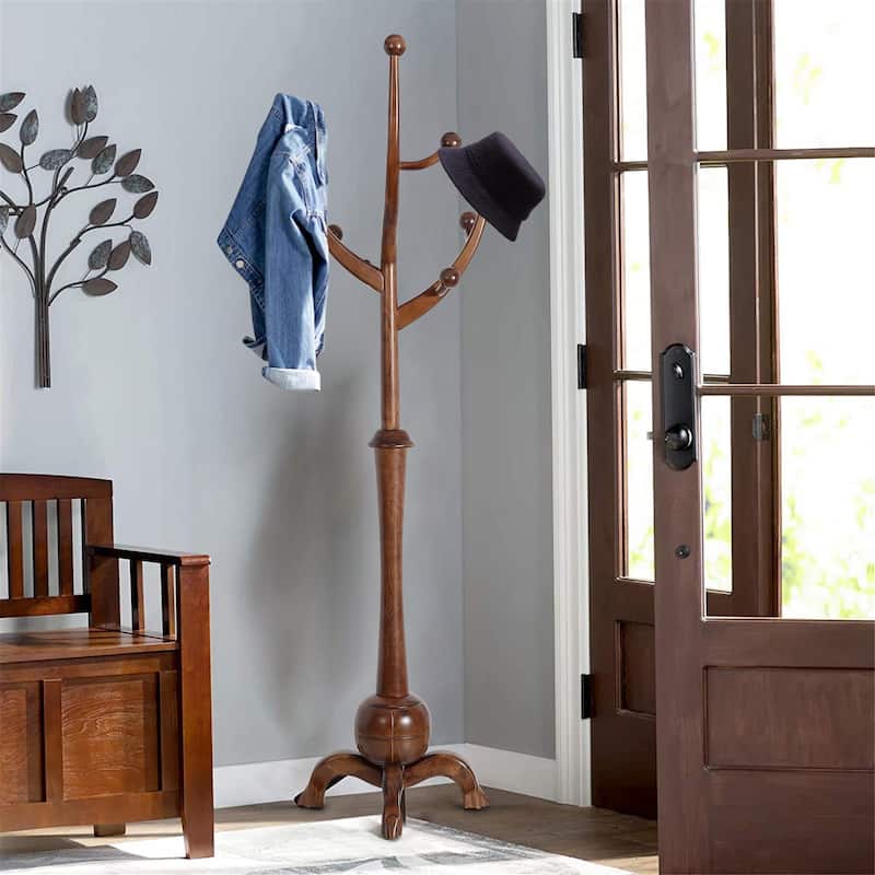 Tree-branch Rubberwood Freestanding Coat Rack with 8 Hooks - 24.5"W x 70.87"H