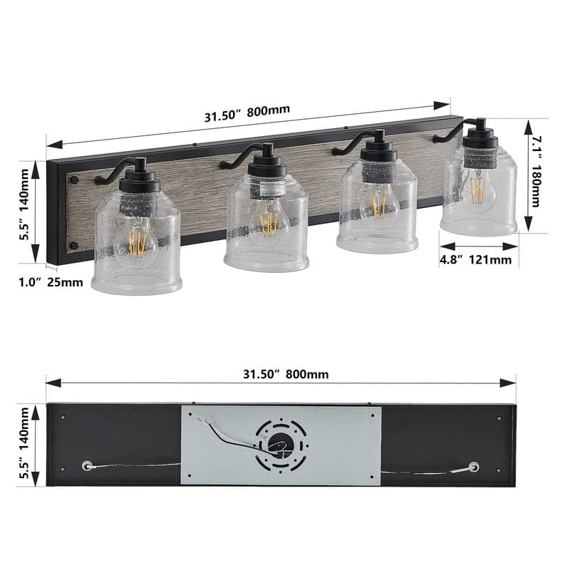 Farmhouse Vanity Sconce with Seeded Glass – Black/Wood Finish for Bathrooms (Bulbs Not Included)‌