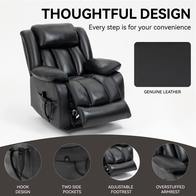Brown Medium Electric Power Lift Recliner Chair in Genuine Leather with Dual Motors, 8-Point Massage, and Lumbar Heat