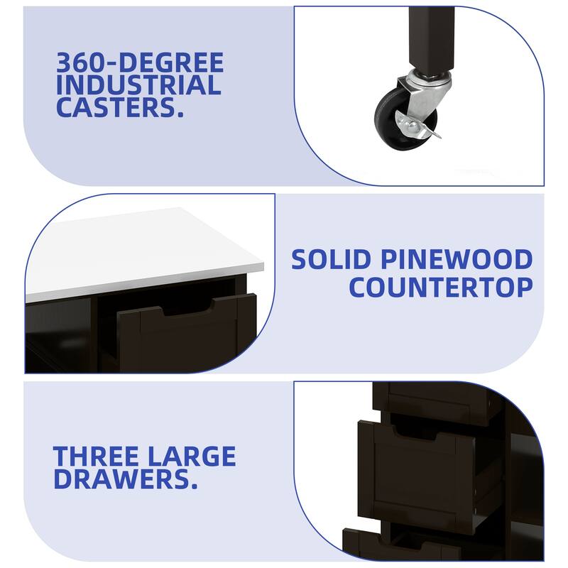 Moasis Rolling Kitchen Bar Trolley Serving Cart with 3 Drawers and Wheels