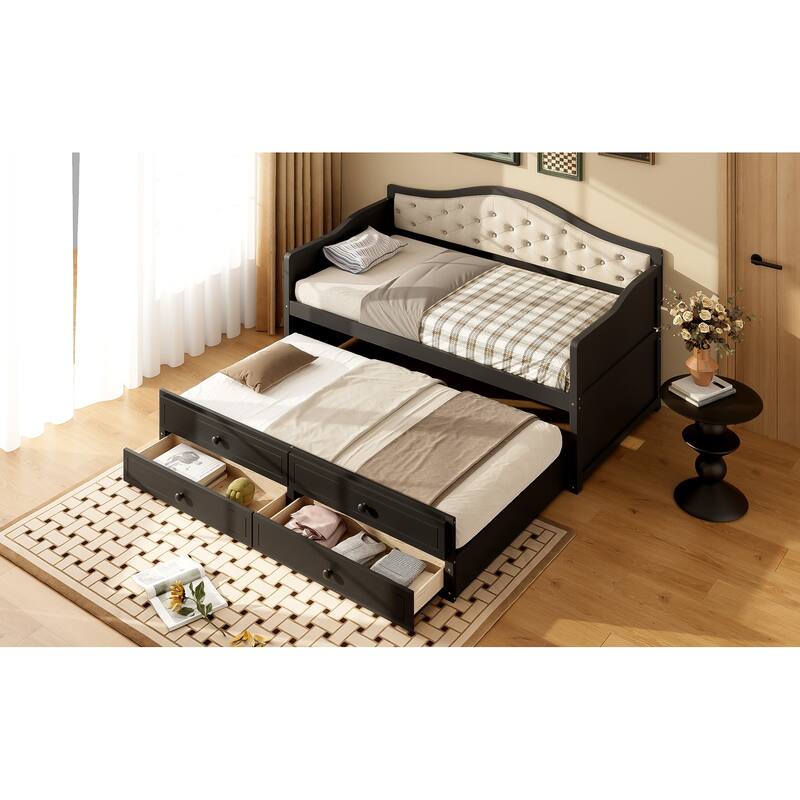 Wooden Frame Day Bed, Twin Size Daybed with Trundle Bed, Upholstered Tufted Button Backrest Sofa Bed with 2 Storage Drawers