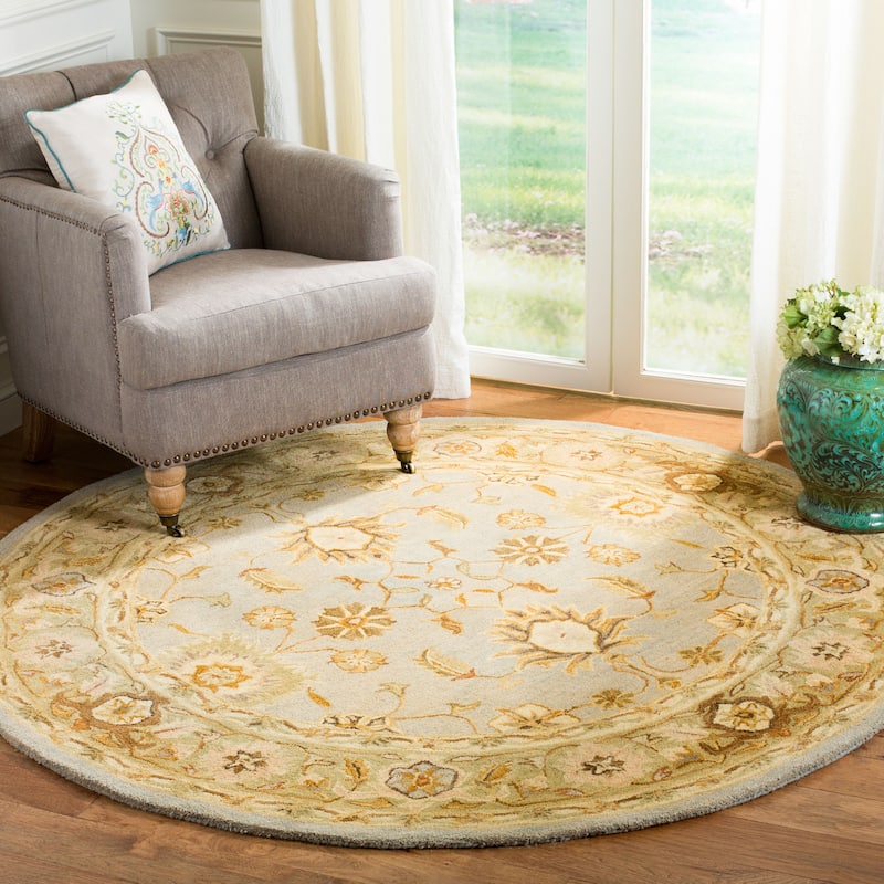 SAFAVIEH Handmade Anatolia Ibala Traditional Hand-spun Wool Rug - 6' Round - Light Blue/Sage