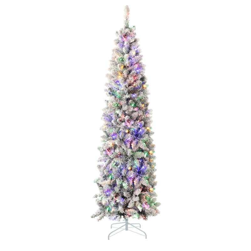 VEIKOUS Pre-Lit Artificial Christmas Tree Pencil Snow with Foldable Iron Stand with LED lights, 5.5/6.5/7.5 ft