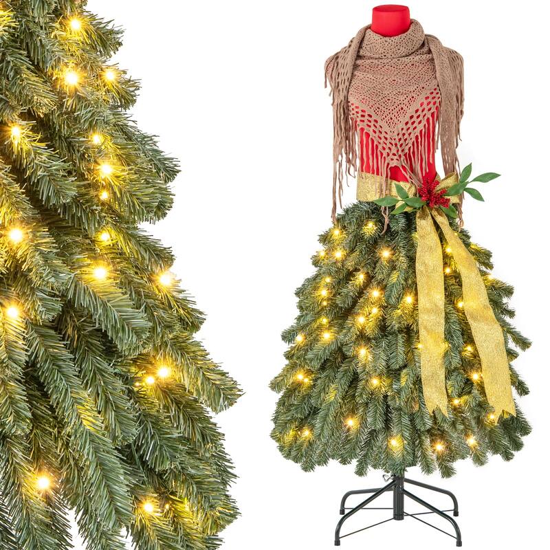 5ft Pre-Lit Mannequin Christmas Tree with 100 LED Lights Red Berries and Gold Ribbon - 5-Ft