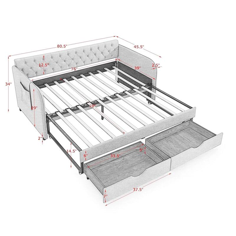 Twin Size Upholstery Daybed with Trundle Bed and Two Storage Drawers
