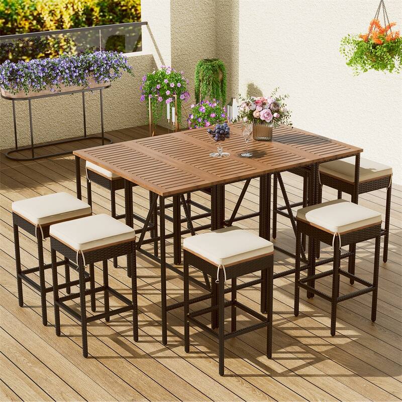Outdoor Wood Bar Table and Stools with Cushions, Garden Wicker Dining Set