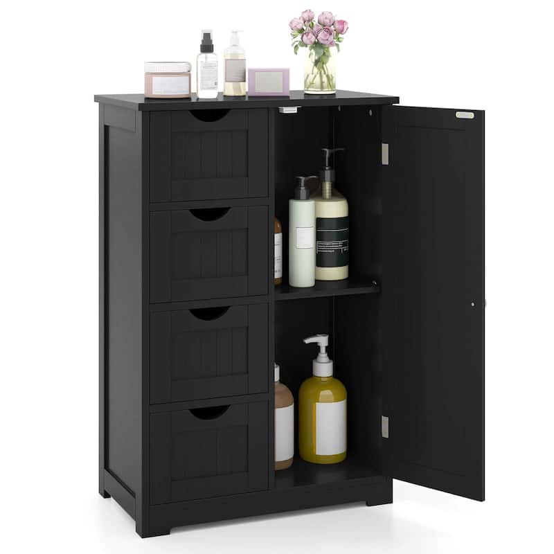 Costway Wooden 4 Drawer Bathroom Floor Cabinet Storage Cupboard 2 - Black