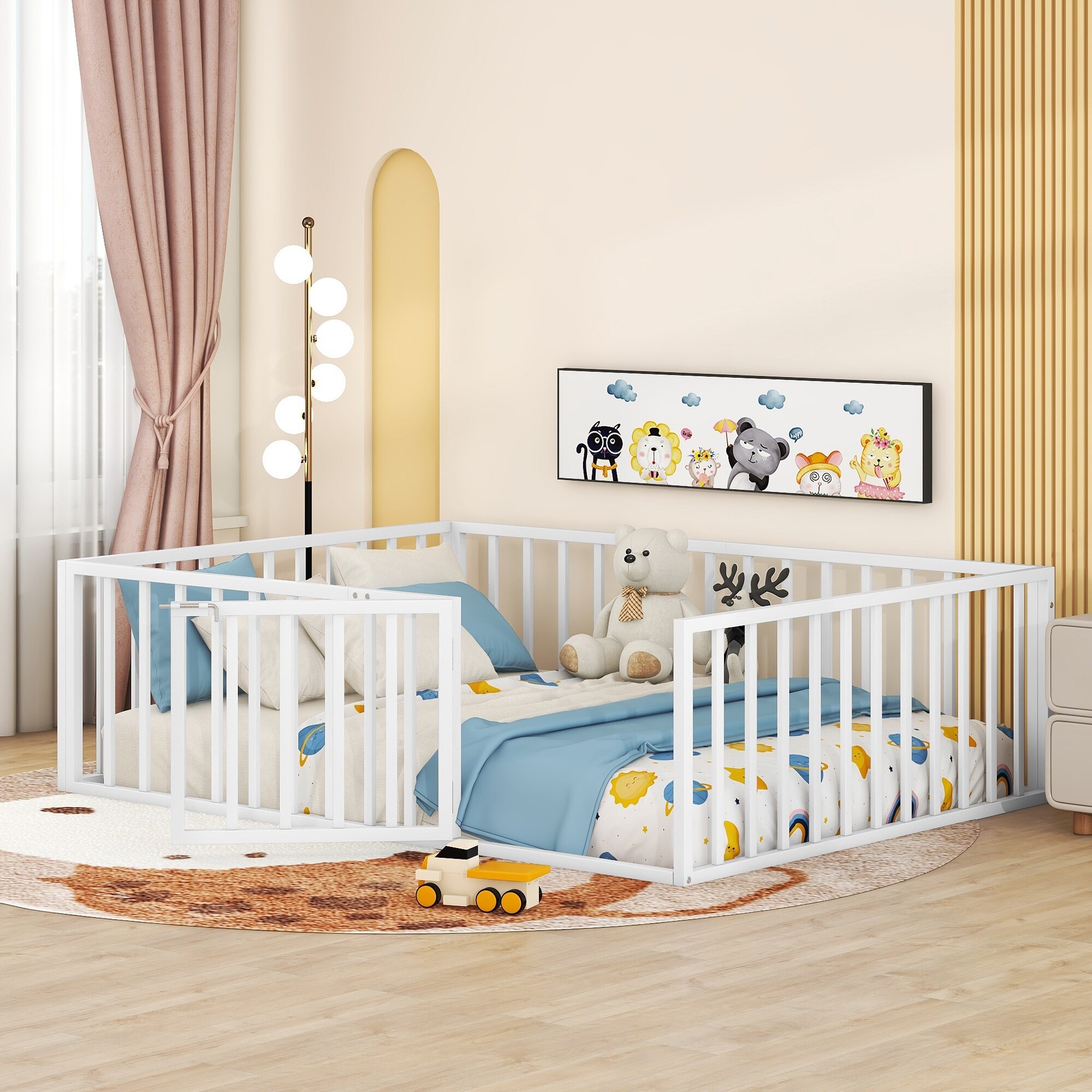 Full Size Metal Floor Bed Frame with Fence Door Versatile Montessori Beds No Box Spring Needed for Kids Boys Girls White