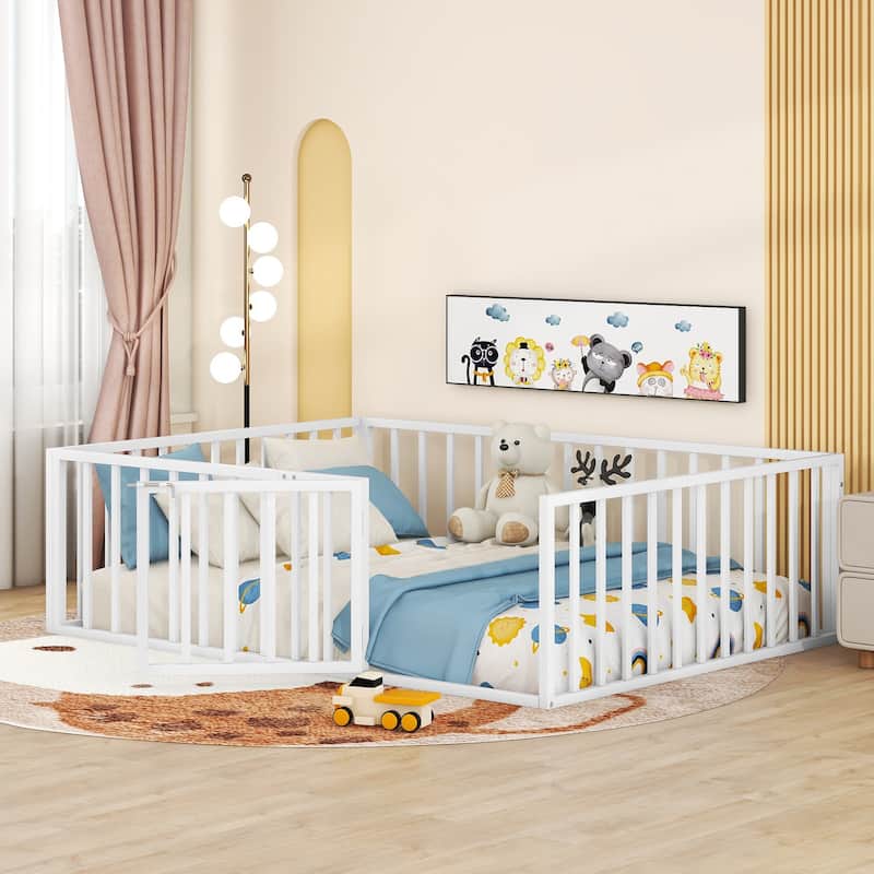 White Full Size Metal Floor Bed Frame with Fence and Door for Kids